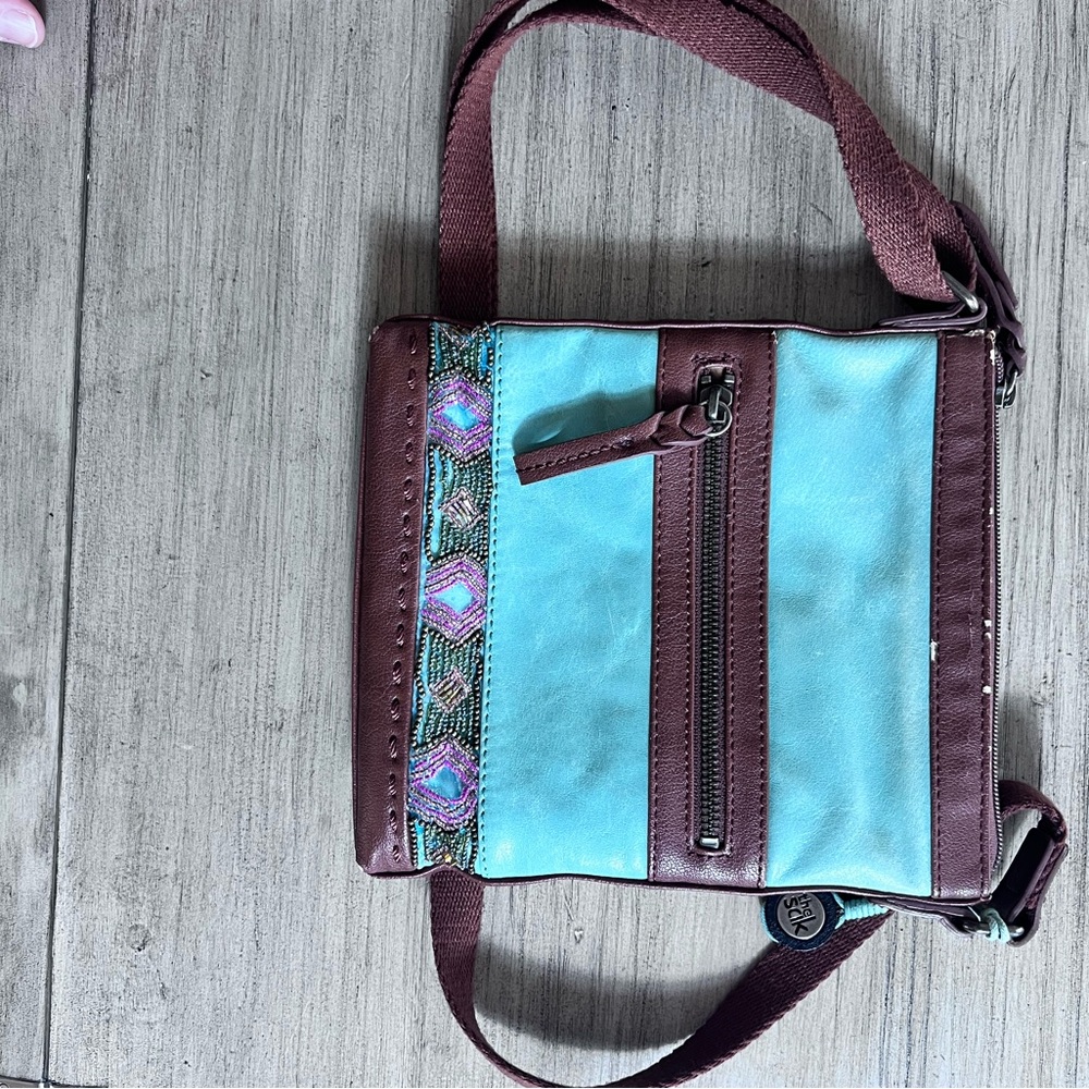 The Sak Vintage Chartreuse and brown embroidered detail long strap Purse Boho - Picture 4 of 11